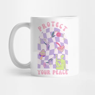 Protect Your Peace - Funky Hippie Design with Mushrooms and Flowers Mug